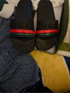 Gucci Black Slide Sandals with Red and Green Stripes